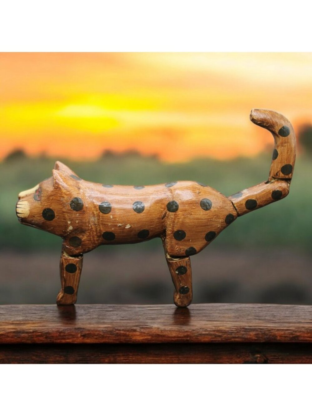 Vtg Carved Wood Hand Painted Leopard Jointed Figurine Made in India